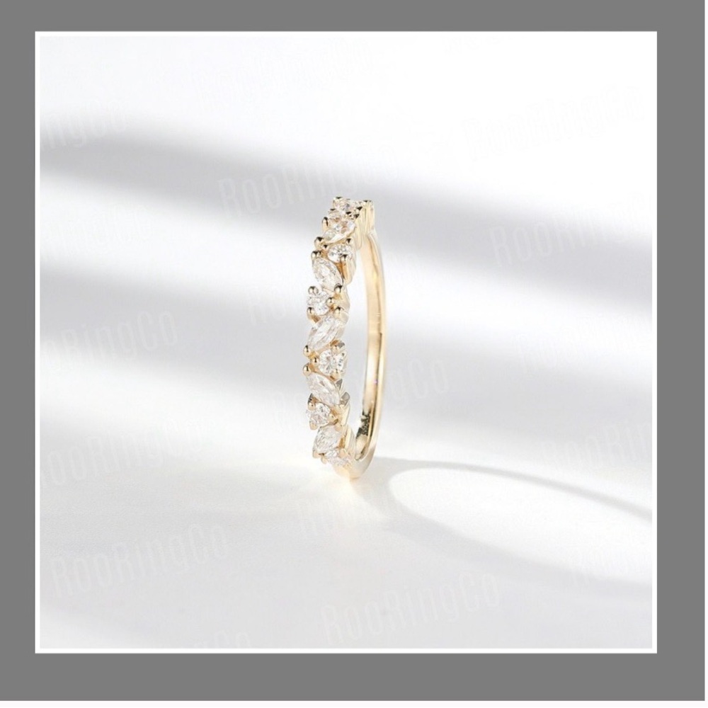 Vintage Moissanite Wedding Band round and marquise cut diamond Size 6 3/4